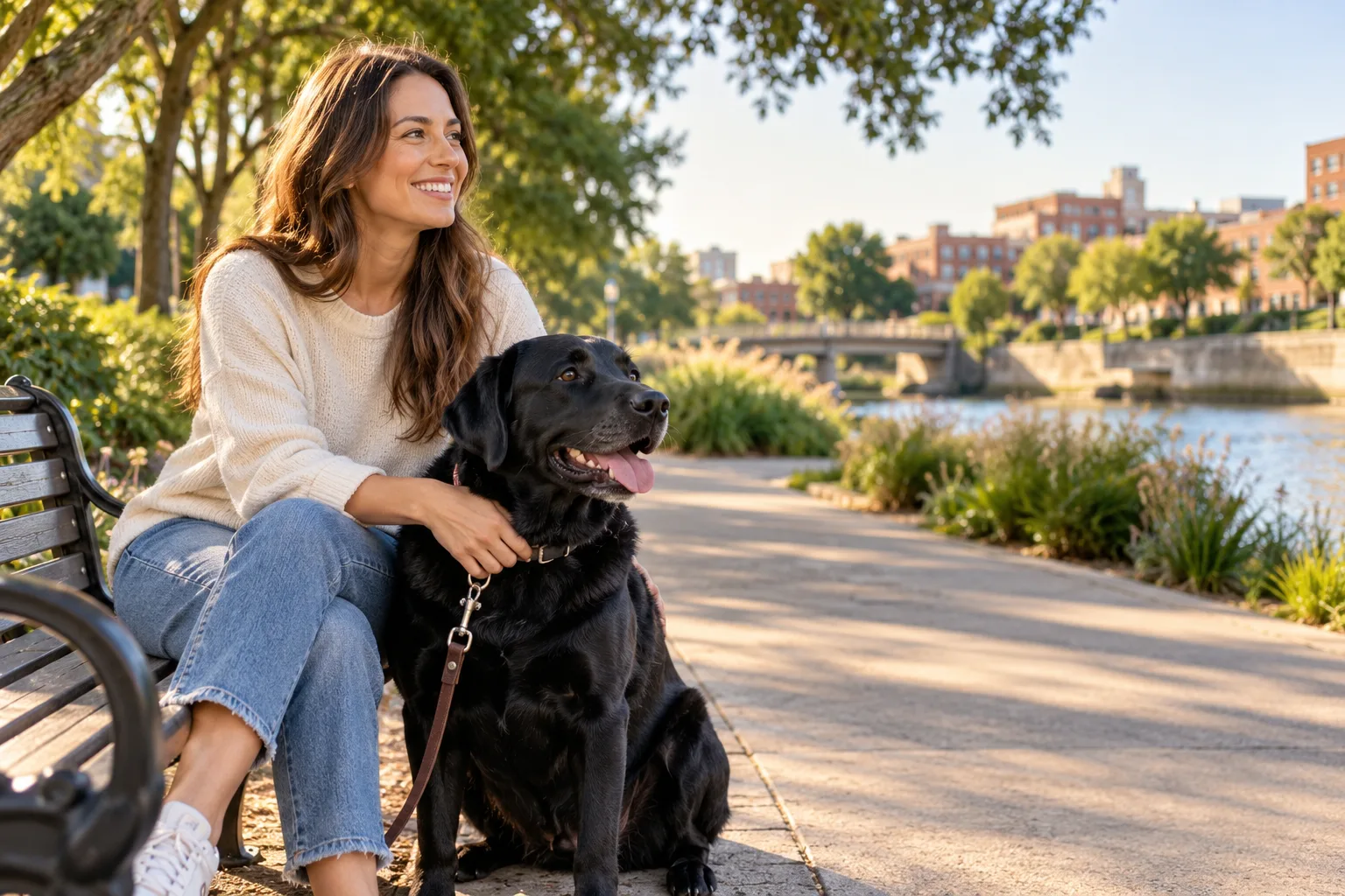 Owner seated beside a dog on an urban waterfront path